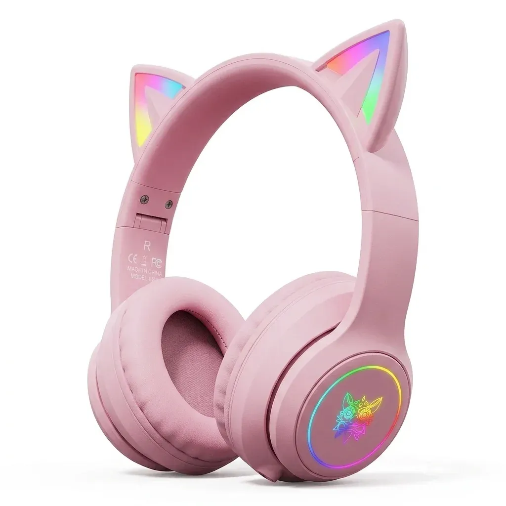 אוזניות גיימינג ורודות עם אוזני חתול RGB
